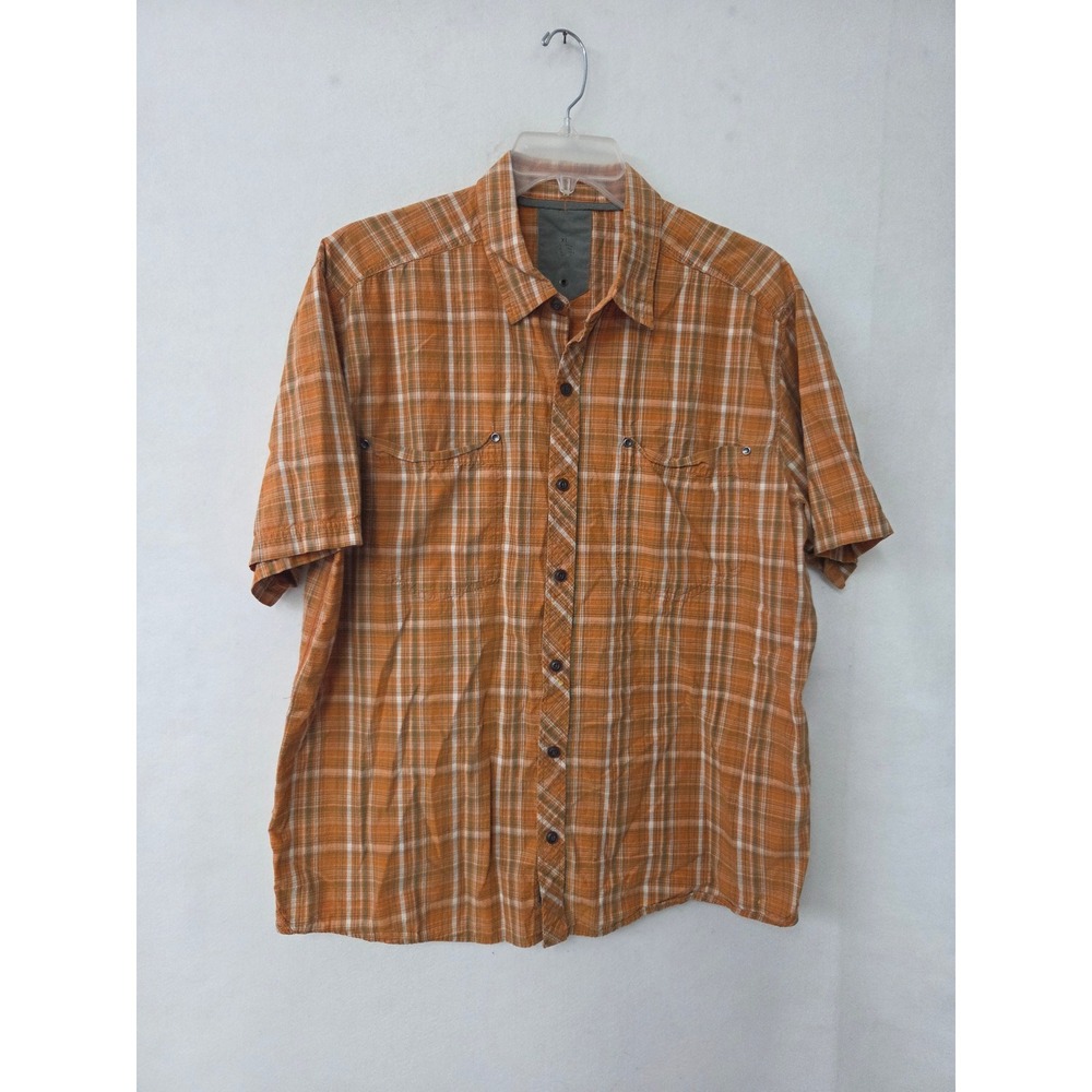 REI Button‎ Up Shirt Mens Large Orange Plaid Short Sleeve Hiking Ventilated